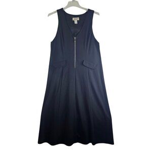 J. Jill Black Solid Midi Dress Sleeveless V-Neck Front Zipper Fake Pockets M/L